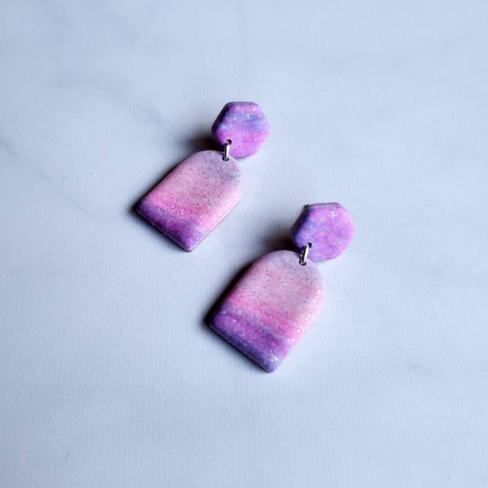 BRAND NEW! Pastel Watercolor Shimmer Dome Earrings | Polymer Clay | Purple Pink